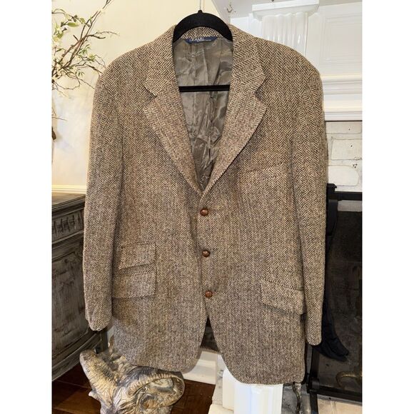 Vintage POLO Ralph Lauren Men’s Tweed Wool Jacket Suede Patch Throat Latch 42 44 - Picture 1 of 16